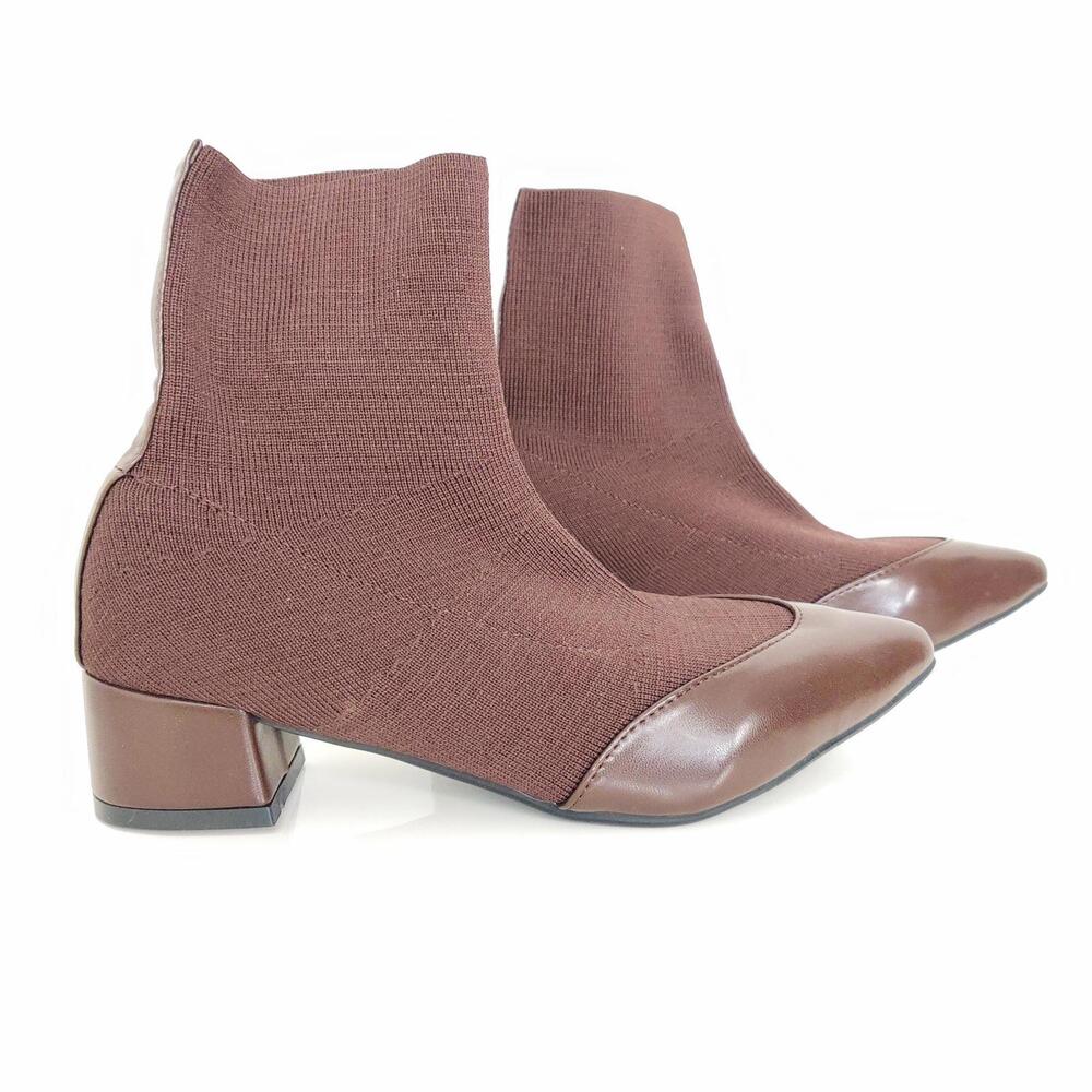 Women’s Brown Ankle Sock Boots Size 39 Block Heel Knit Stretch Booties